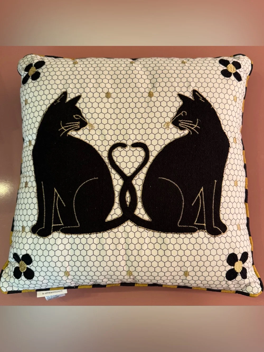 Anthropologie Agatha Embroidered Black Cat Indoor/ Outdoor Pillow, 18x18